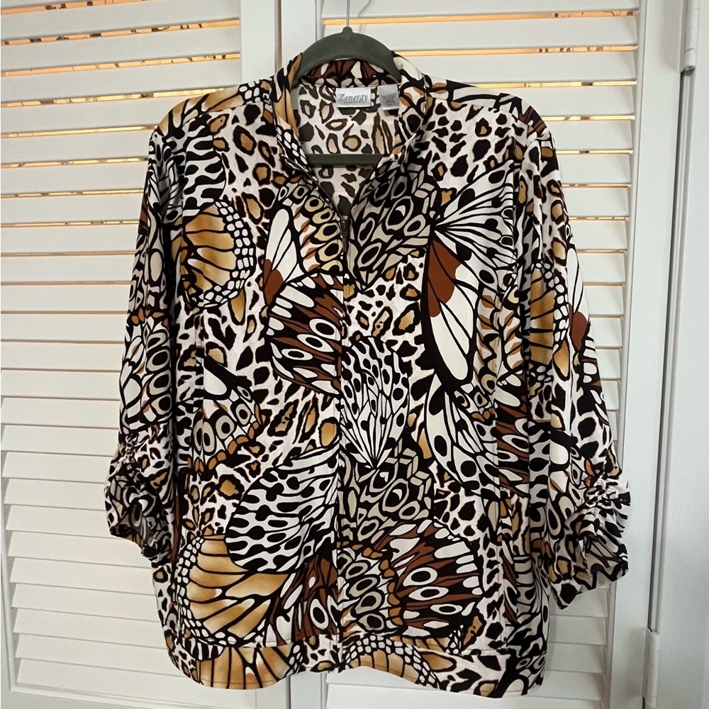 Zenergy by Chicos Brown Butterfly Print Women's Zip up Jacket Blouse